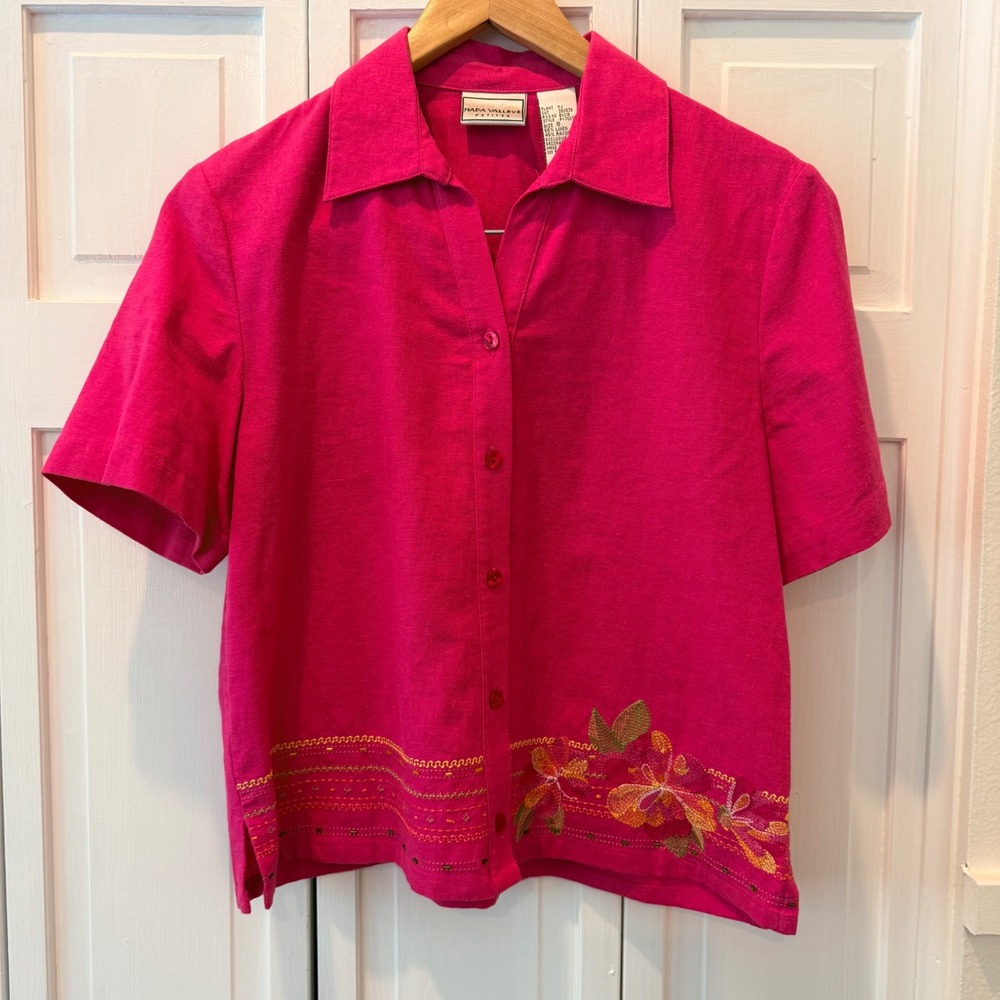 Napa Valley 80s‎ Pink Linen Blend Floral Embroidered Grandmacore Button Up Top S